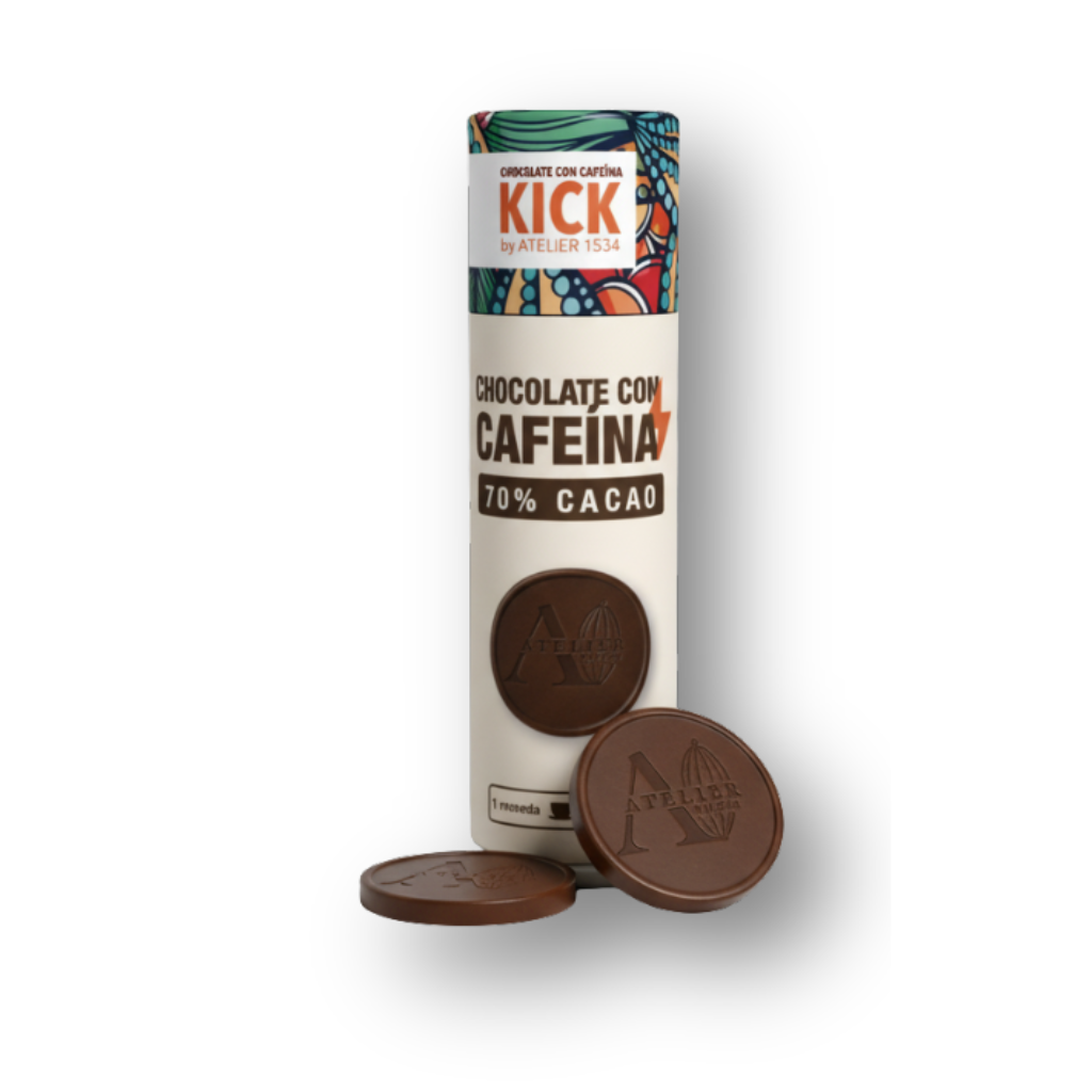 KICK - Monedas de chocolate obscuro con cafeína (tubo con 16 monedas)